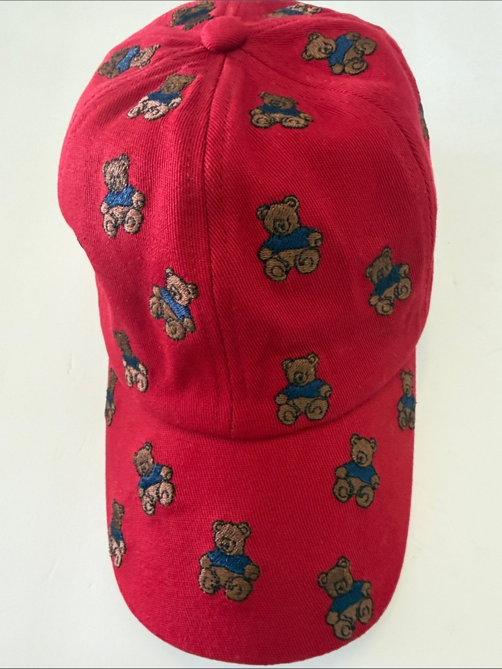 Polo by Ralph Lauren Red Baseball Cap with Brown Teddy Bear Embroidery